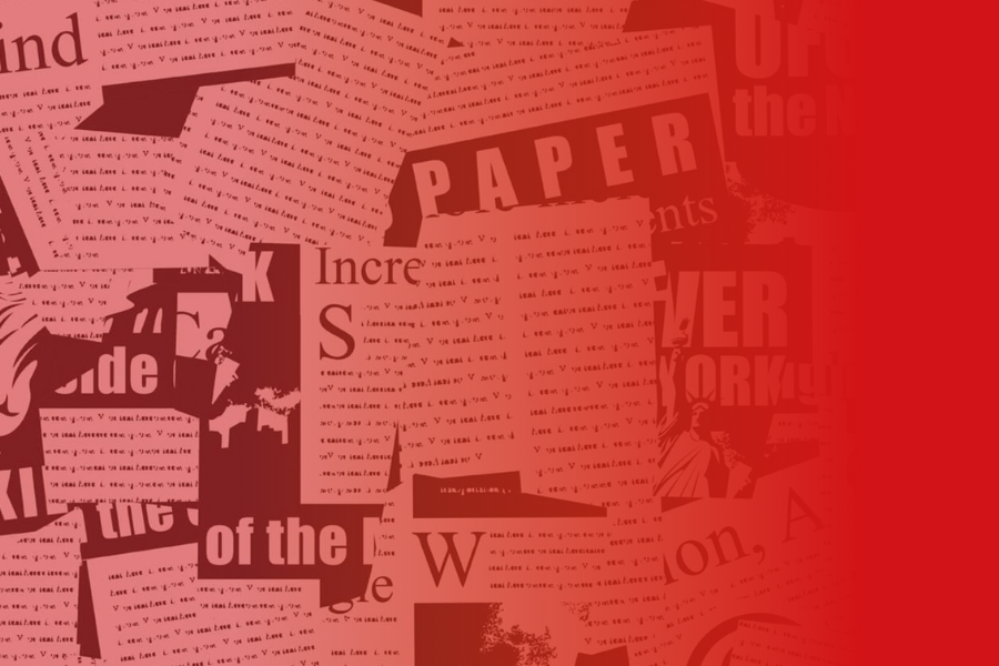 news clippings with a red wash